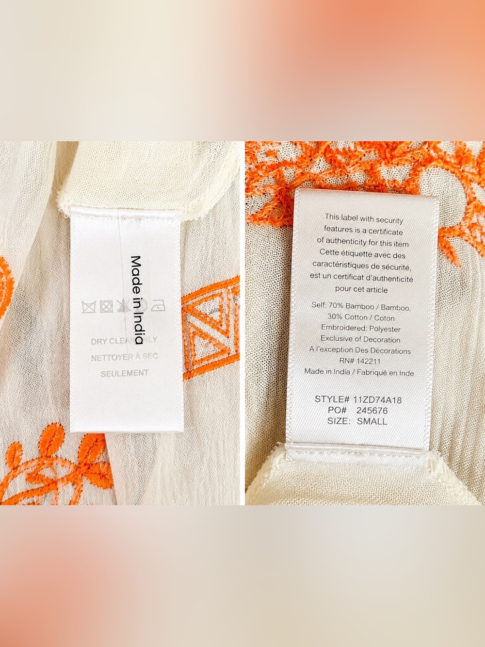 Hale Bob Bamboo Resort Kimono Robe Cover-Up Orange Cream Small NWT - Picture 3 of 10